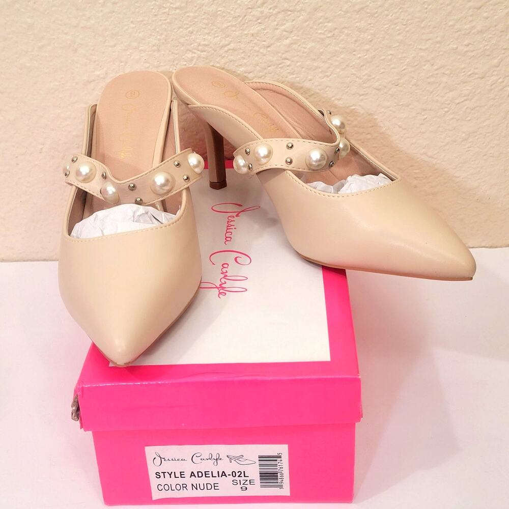 Jessica Carlyle Adelia Mules Size 9 Pearl Banded Heels Nude Beige Womens Shoes
